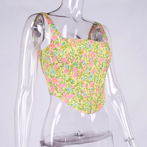 Detailed side view of floral corset top featuring vintage bone structure and square neckline