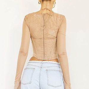 Haut corset sexy en mesh chair à manches longues avec décolleté carré et zip arrière
