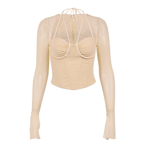 Haut corset sexy en tulle beige à manches longues, col carré, bonnets à armatures et zip