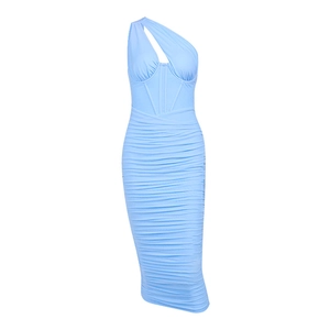 Light blue one-shoulder bodycon midi dress with boned bodice and ruched mesh fabric