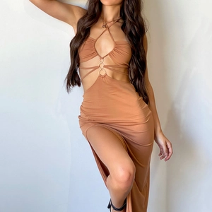 Robe Sexy Dos Nu Pour Femmes Ajourée Avec Anneau Métallique Fendue Bodycon Maxi Robe Pour Soirée Club Vacances