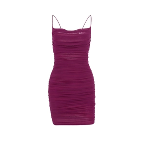 Sexy dark purple ruched bodycon mini dress with spaghetti straps and cowl neckline