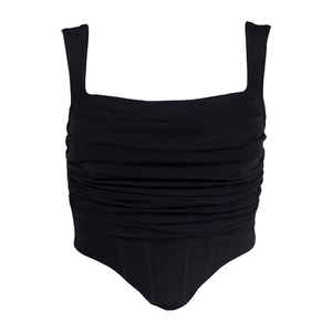 Damen Crop Top in Schwarz mit eckigem Ausschnitt, Fischgräten-Mieder und Raffungen