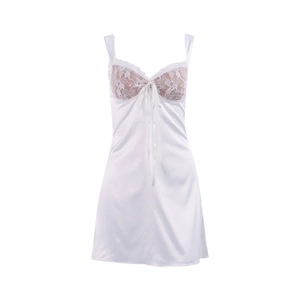 White satin slip mini dress with delicate lace trim and ribbon bow on the front