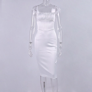 Detail of square neckline with lace sleeves and corset waist on a white satin midi dress
