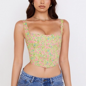 Green floral corset top for women featuring a square neck and slim fit cropped design