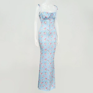 Detail of light blue floral maxi dress with pleated bust drawstring and tie-up straps
