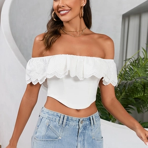 Top Donna Bianco a Spalle Scoperte Crop Top Ricamo Traforato Volant Manica Corta Slim Fit Sexy Moda Streetwear