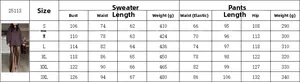 Size guide for women's knit sweater and pants set showing S-3XL measurements and weight