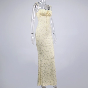 Detailed view of the drawstring ruched bodice on a floral fishtail maxi sundress