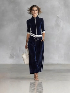 Tuta Sportiva da Donna in Poliestere Top And Bottom Felpa con Cerniera a Collo Alto e Pantaloni a Gamba Larga a Righe