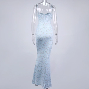 Detail view of the back tie-up design and floral pattern on the long mermaid dress