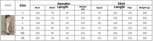 Detailed size chart for women's satin slip dress and sweater two-piece fashion set