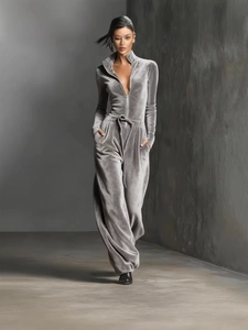 Women's gray velvet long sleeve jumpsuit with zip turtleneck and drawstring waist