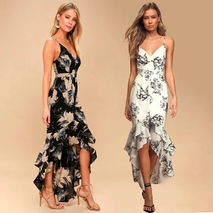 Floral print v-neck backless maxi dress with thin straps and ruffled fishtail hem