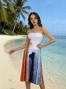 Women's Bohemian Off-Shoulder Tube Top Midi Dress With Abstract Art Print Side Split Summer Beach Vacation Slim Fit Long Dress