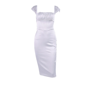 Elegant white satin square neck midi dress with lace sleeves and slimming silhouette