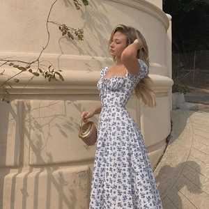 Detailed shot of floral dress showing square neck, puff sleeves, and drawstring bust detail
