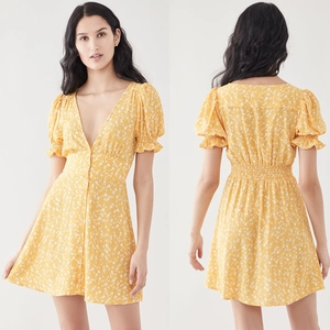 Women's Summer Floral V-Neck Puff Sleeve Mini Dress Single Breasted High Waist Sunflower Yellow A-Line Beach Sun Dress