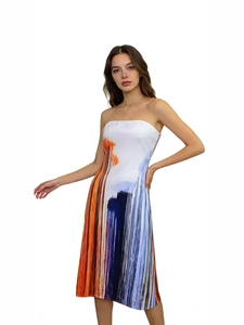 Summer strapless tube midi dress with artistic abstract orange and blue print for women