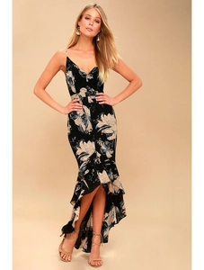 Full view of floral high-low dress with ruffled hem and backless design for women