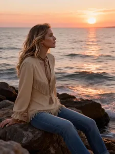 Bohemian cream V-neck tassel top with ruffle sleeves against a sunset beach backdrop