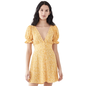 Detail of yellow floral V-neck mini dress with puff sleeves and button-up front design
