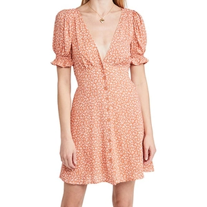 Summer coral floral V-neck puff sleeve mini dress with button-front details