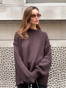 Oversized chocolate brown knit sweater for women with drop shoulder and crew neck