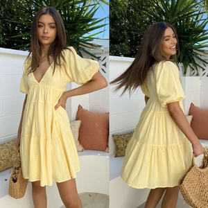 Women Summer Casual V Neck Puff Sleeve Tiered Mini Dress Solid Color Loose Waist Ruffle Flowy Vacation Dresses