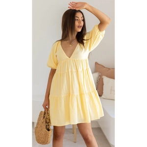 Light yellow V-neck babydoll mini dress with tiered skirt and puff sleeves for summer