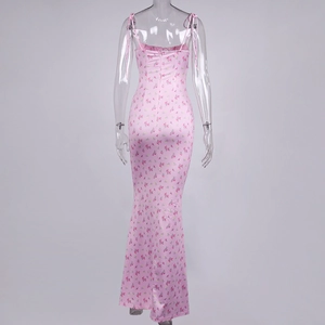 Detailed back view of pink floral satin maxi dress with thin straps and invisible zipper