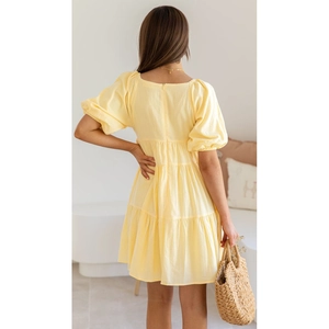 Light yellow puff sleeve mini tiered dress with V-neck and layered ruffle skirt style