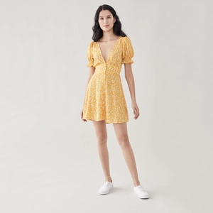 Floral V-neck mini dress in bright yellow with puff sleeves and button-down front detail