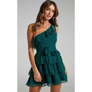 Vestito Mini Monospalla da Donna con Punto Svizzero Volant a Strati con Fiocco in Vita Elegante Abito Estivo da Festa