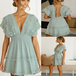 Robe Courte Bohème Femme Vert Menthe Col en V Profond Dos Nu Gland Été Point Suisse Dentelle Étagée Plage Fête