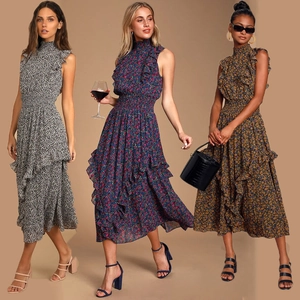 Robe Longue Maxi Imprimé Floral Rétro pour Femmes Sans Manches Volants en Cascade Col Haut Taille Smockée Élégante Robe de Soirée d'Été