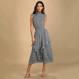 Robe élégante bleu marine à fleurs sans manches avec col montant à volants et taille plissée