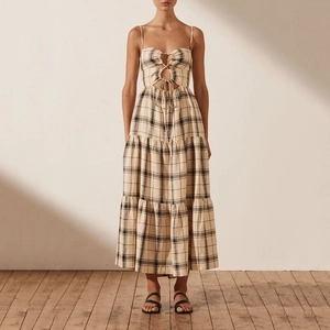Women's summer cutout lace-up floral dress with thin straps and layered skirt