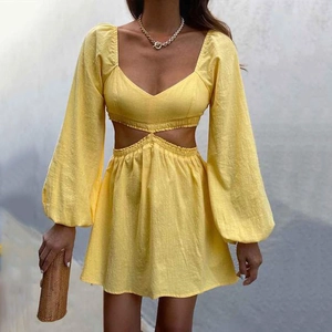 Women's Sexy Sweetheart Neck Long Puff Sleeve Cut Out Waist A-Line Polyester Mini Dress Solid Color Yellow Summer Vacation Dress