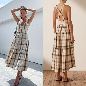 Abito Midi da Donna a Quadri Francese Schiena Scoperta Scollo a V Linea A Senza Maniche Estivo Vacanza Festa Abito