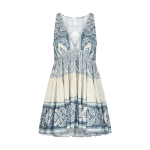 Bohemian sleeveless V-neck mini dress with blue paisley pattern and tiered skirt