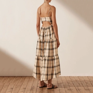 Women's summer plaid midi dress with spaghetti straps and hollow-out back design