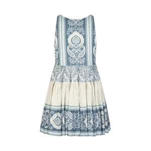 Blue and white sleeveless paisley floral multi-layer pleated mini dress for women