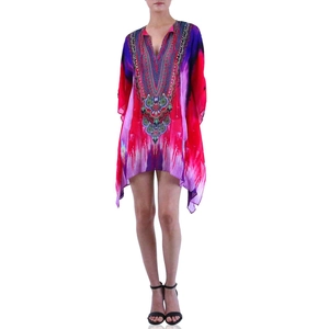 Vestito Kaftano da Donna Bohemienne Scollo a V Manica a Pipistrello Stampa Etnica Tie Dye Sfumato Chiffon Ampio Orlo Irregolare Abito da Spiaggia