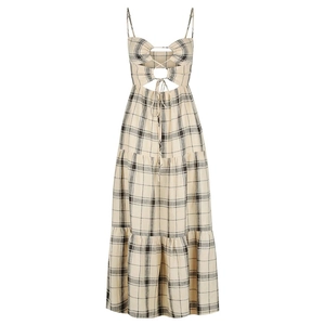 Women Sexy Checkered Midi Dress Sleeveless Lace Up Hollow Out Tiered Summer Vacation Plaid A-Line Suspender Dress