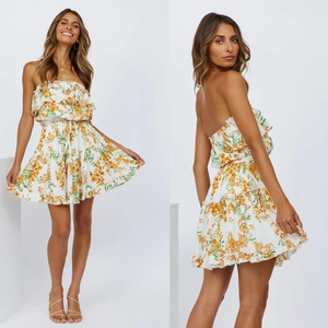 Women Floral Print Mini Dress Tube Top Off Shoulder Ruffle Tiered A-Line Summer Beach Vacation Sleeveless Sexy Sundress
