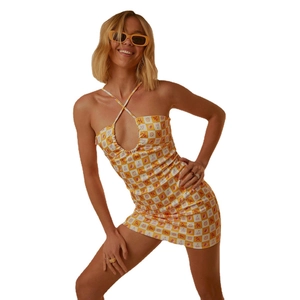Sexy halter neck mini dress with yellow checkerboard and cherry print for women