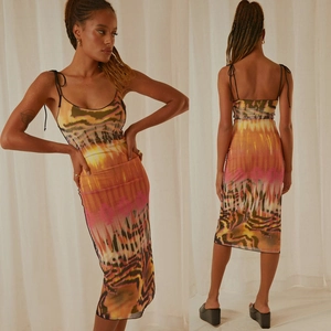 Robe Midi Sexy en Maille Imprimé Tie-dye Tigre pour Femmes Coupe Ajustée Sans Manches Bretelles à Nouer Vacances Été