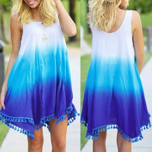 Robe Courte Sans Manches Dégradée Bohème d'Été pour Femme Avec Ourlet à Glands Col Rond Décontractée de Plage